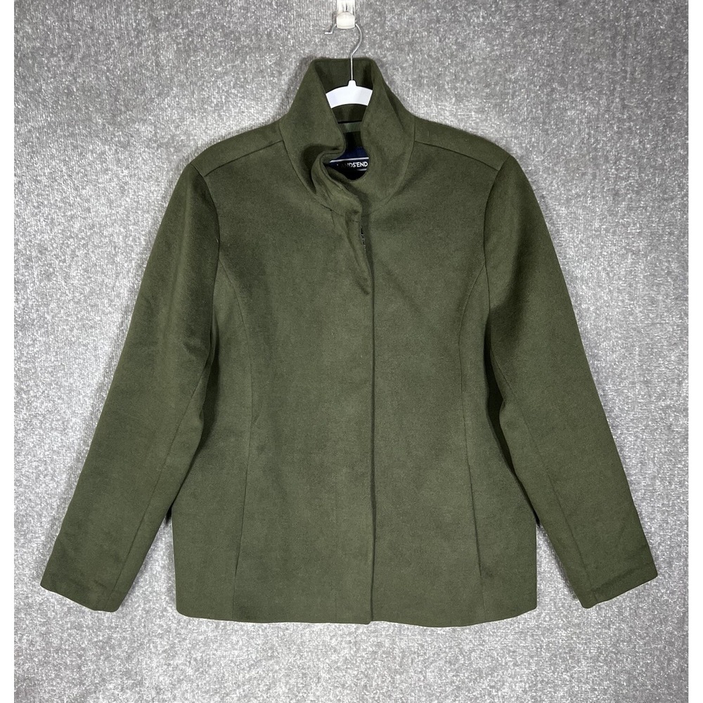 Lands End Hidden Button Jacket Womens Size 16 Green Stretch Pockets Lined Coat